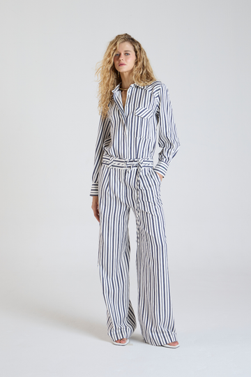 Calça Shantal Listras Azul Marinho em algodao