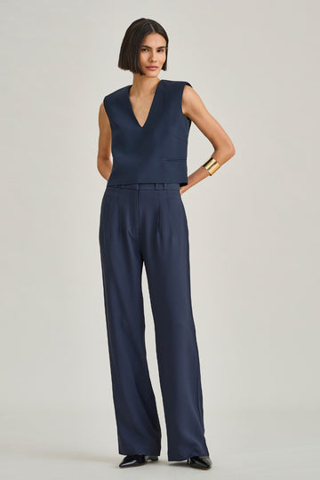 Calça de Alfaiataria Azul Marinho Luiza em crepe de acetato cintura alta