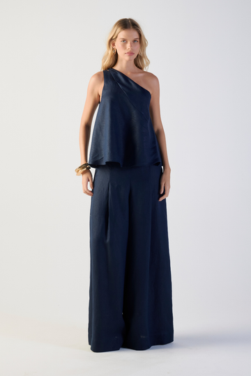 Calça de Linho Azul Navy Brunella em linho cintura alta, modelagem ampla