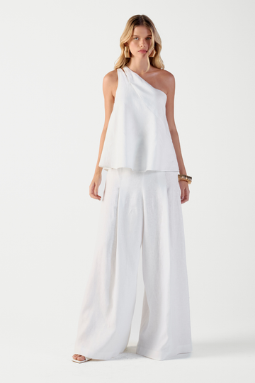 Calça de Linho Off White Brunella em linho cintura alta, modelagem ampla