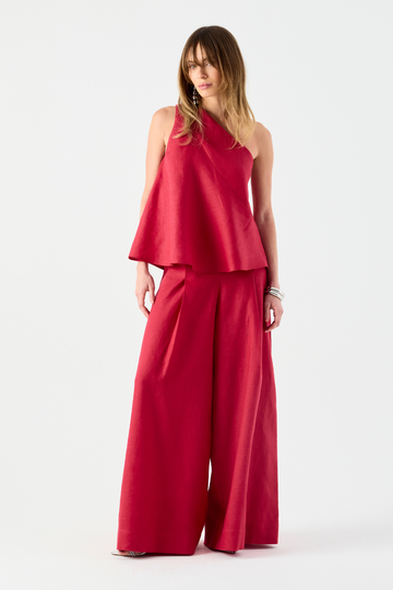Calça de Linho Vermelho Rouge Brunella em linho cintura alta, modelagem ampla