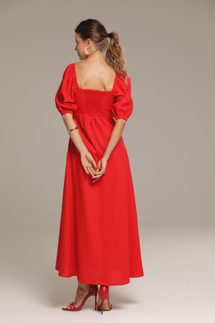 Vestido Midi de Linho Vermelho Eleonor